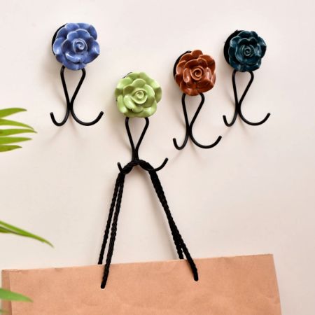 Ceramic Multicolor Flower Wall Hook for Keys in Set of 4